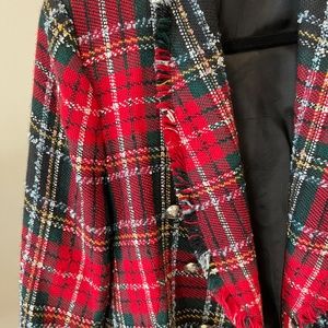 Zara Woman Red Black Green Plaid Tweed Blazer Size L